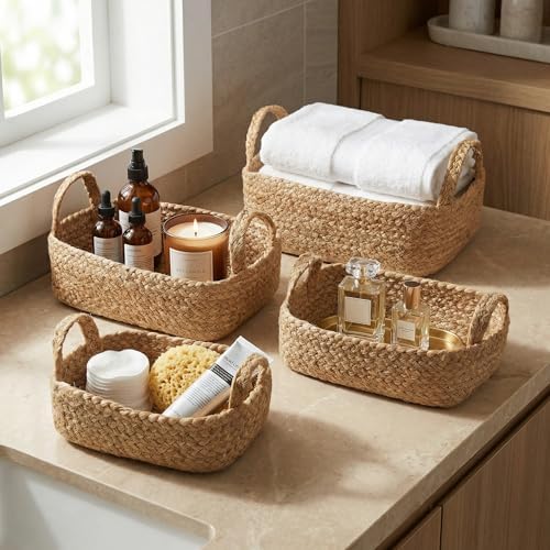 Beautiful Storage Basket Set of 4 - Natural Jute Rope Baskets for Shelves by KIBAGA