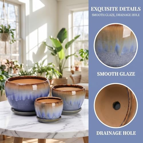 AVLA 3 Pack Ceramic Plant Pots, Gardening Drip Glazed Planters, Decorative Flower Pot with Drainage Hole and Saucer, Round Rustic Houseplant Container for Succulent Herbs Cactus Orchid, Home Office - Image 4