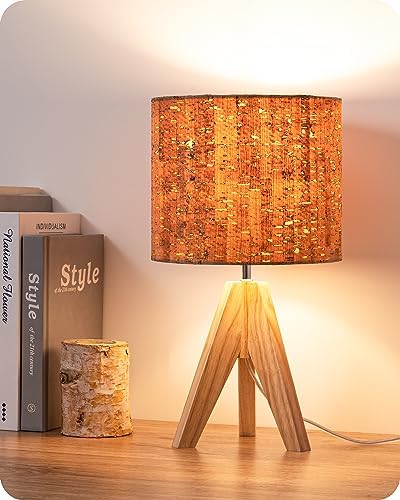 EDISHINE Small Table Lamp, Wood Tripod Nightstand Lamp, Bark Linen Shade by EDISHINE