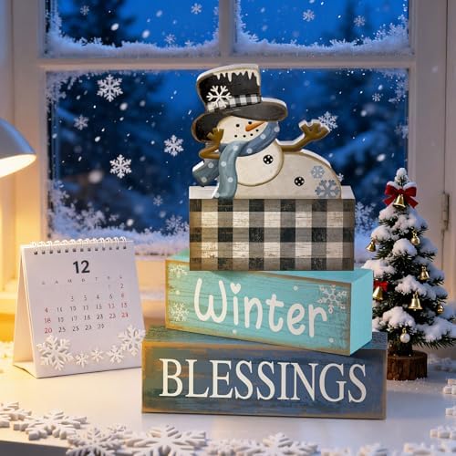 Moucuny 4 Pcs Winter Snowman Wooden Signs Farmhouse Tiered Tray Decor - Image 6