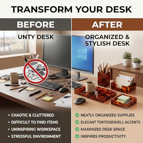 4 Pcs Aesthetic Desk Organizer Set Desk Tray, Pen Holder, Paperclip Storage and Sticky Note Holder Tortoiseshell Office Desktop Decor Accessories for Women or Men - Image 4