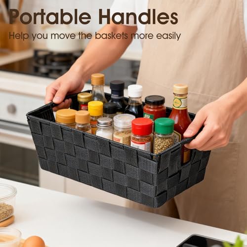 Black Storage Baskets for Shelves, Woven Shelf Baskets for Organizing, Small Strap Organizer Basket for Bathroom Storage, Set of 4 - Image 4