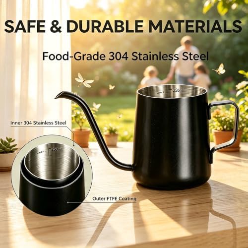 Mini Stainless Steel Watering Can (250ml) - 4mm Swan Neck Spout Small Watering Pot with Internal Scale & PTFE Coating - Gooseneck Kettle for Indoor Plants, Succulents & Pour-Over Coffee - Image 3