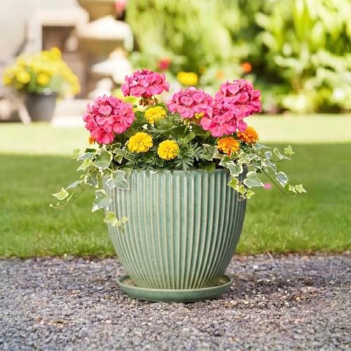 Ceramic Flower Pots, 10 Inch Plant Pot for Indoor Plants, Modern Round Planters with Drainage Hole and Saucer, Decorative Pots for Plants Indoor, Garden Home Decor, Plant Lover Gifts, Green - Image 5