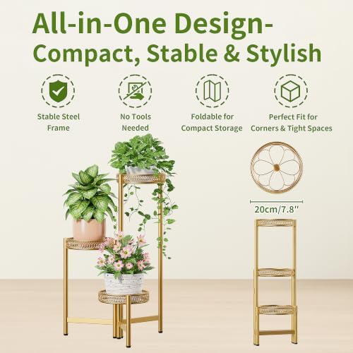 3 Tiered Gold Plant Stand Indoor Outdoor, Corner Tall Plant Shelf for Multiple Plants, Foldable Heavy Duty Plant Holder, Decoration Flower Pot Stand for Patio Balcony - GoldFlower - Image 4