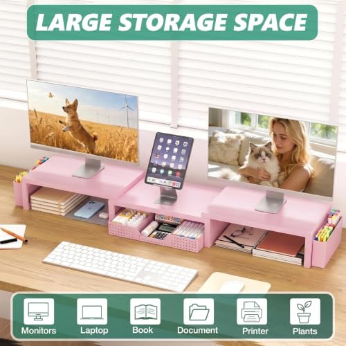 OPNICE Desk Organizer and Accessories, Computer Monitor Stand Riser with Drawer and 2 Pen Holders, Laptop Stand, Office Desk Accessories for Office Supplies, Pink - Image 3