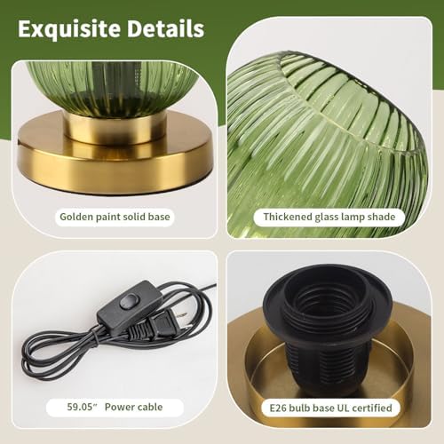 Glass Table Lamp of 2 Mid Century Table Lamps Modern Globe Table lamp Vintage Gold Desk Lamp Nightstand Lamp with Green Ribbed Design Shade for Bedside Bedroom Living Room Offic - Image 5