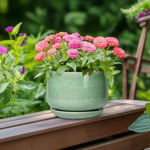 G EPGardening Ceramic Pots for Plants - 6 Inch Plant Pot with Drainage Hole and Saucer, Modern Ceramic Planter for Indoor Outdoor, Round Flower Planter, Gifts for Plants Lovers, Home Decor, Green - Image 4