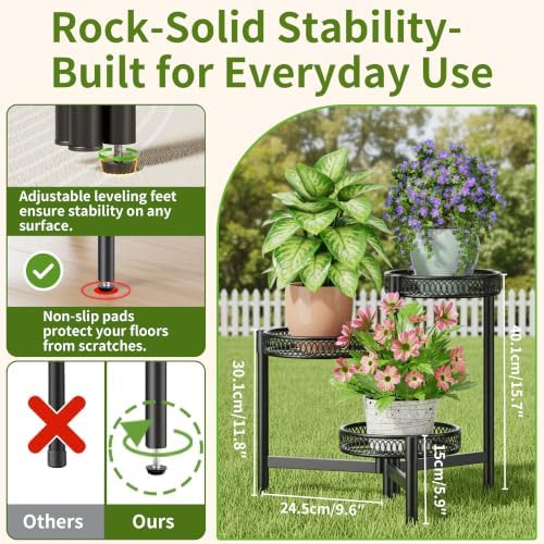 3 Tier Metal Plant Stand Indoor Outdoor, Corner Tall Plant Shelf for Multiple Plants, Foldable Heavy Duty Plant Holder, Decoration Flower Pot Stand for Patio Living Room Balcony Garden - BlackFlower - Image 3