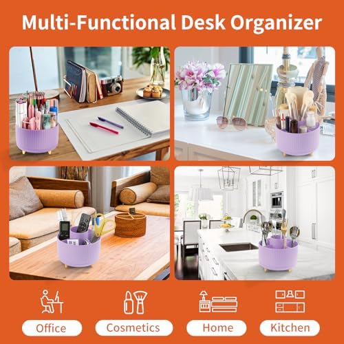 Desk Pencil Pen Holder, 5 Slots 360°Degree Rotating Pen Organizers for Desk, Desktop Storage Stationery Supplies Organizer, Cute Pencil Cup Pot for Office, School, Home, Art Supply, Purple - Image 5