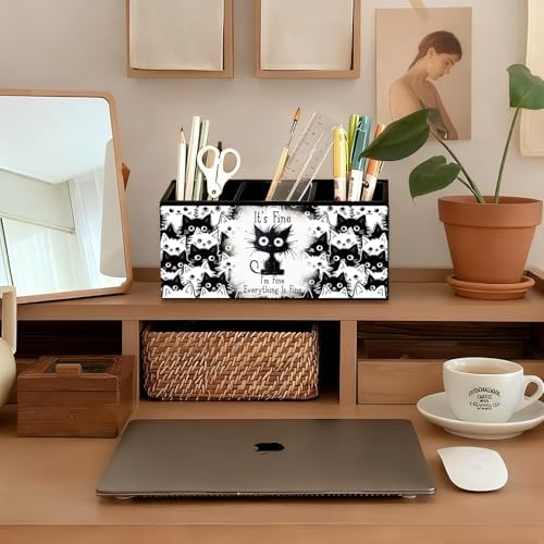 Funny Black Cat Pen Pencil Holder for Desk, Funny Office Gifts for Coworkers, Black Cat Gifts for Women, It's Fine Everything Is Fine Wooden Box Sign Decorations for Home Office Desk Tabletop - Image 3