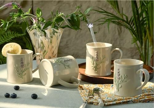 Artisanal Handcrafted Ceramic Mug with Sage Botanical Design - 10oz Off-White Stoneware Coffee Cup, Elegant Purple Sage Pattern, Dishwasher Safe, Comfort Grip Handle for Daily Use-4pack by DelightsGalore