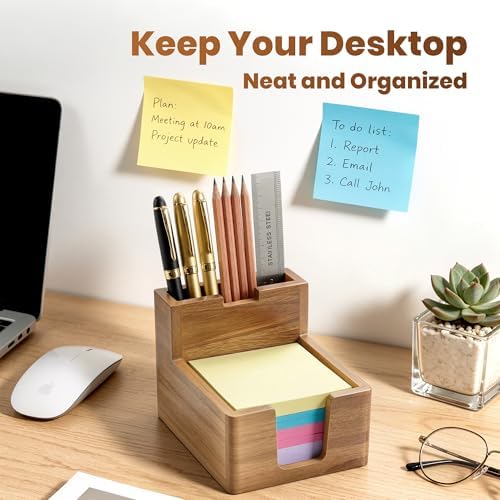 Acacia Wood Sticky Note Holder with Pen Slot, 3x3 Sticky Note Dispenser for Desk, Non-Slip Pads Office Storage Organizer - Image 5