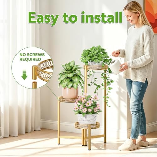 3 Tiered Gold Plant Stand Indoor Outdoor, Corner Tall Plant Shelf for Multiple Plants, Foldable Heavy Duty Plant Holder, Decoration Flower Pot Stand for Patio Balcony - GoldFlower - Image 5