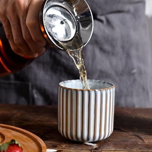 Vintage Ceramic Mug, Japanese Tea Cup 6oz Striped Cup No Handle Drinking Cup for Espresso, Cortado, Matcha, Green Tea, Microwave and Dishwasher Safe, Kiln Transformation Cup (White) - Image 5