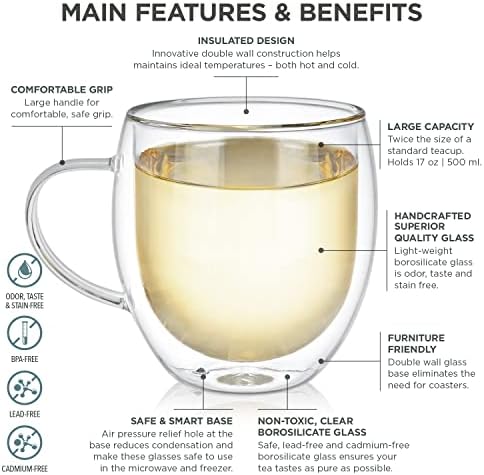 Teabloom Oversized Insulated Borosilicate Glass Mugs (17 oz / 500 ml) – Set Includes 2 Mugs + 2 Blooming Teas – Premium Quality Microwave Safe Glasses - Image 3