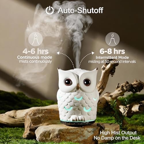 ALIEYE Owl Essential Oil Diffuser, 200ML Handmade Ceramic Aromatherapy Humidifier, Ultrasonic Cool Mist, 7-Color LED Night Light, Auto Shut-Off, White - Image 3