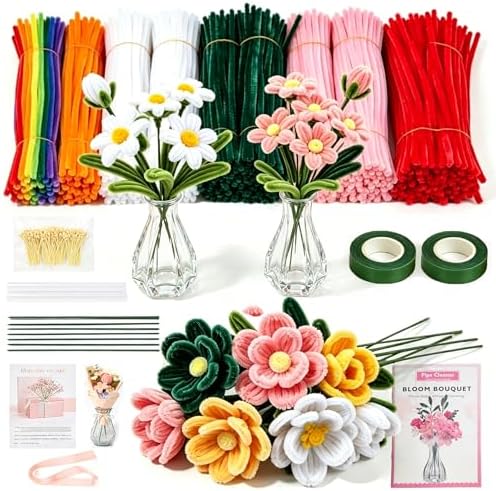 Lymoc DIY Flower Bouquet Kit with 2 Glass Vases, 600PCS Pipe Cleaners Craft Kit, 13 Colors Chenille Stems for Flower Making, Handmade Gift Kit for Girls,Teens&Adults, DIY Crafts & Home Decor by NewCreativeNewYou