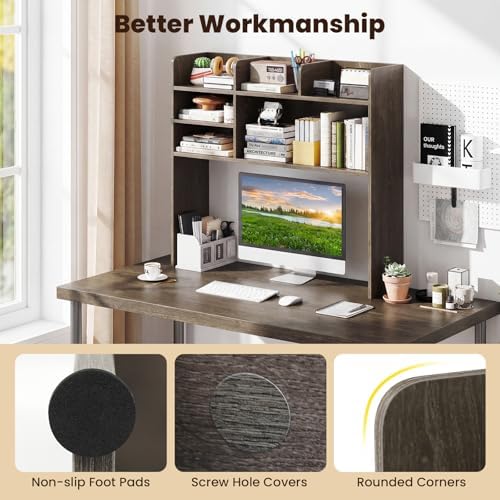 Giantex Desktop Bookshelf, 37" Desk Hutch Dorm for Computer Up to 32 Inch, Countertop Hutch w/6 Storage Shelves, 3-Tier Desktop Organizer Display Rack, Wood Desk Shelf for Home Office (Grey Oak) - Image 6