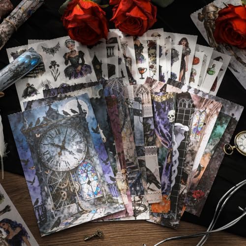 Dark Aesthetic Gothic Stickers, 500+ Pre-Cut Washi Stickers 20 Scrapbook Papers Horror Decals for Junk Journal Supplies, Vintage Rose Washi Sticker Book for Adults Planner Laptop Collage Journaling - Image 2