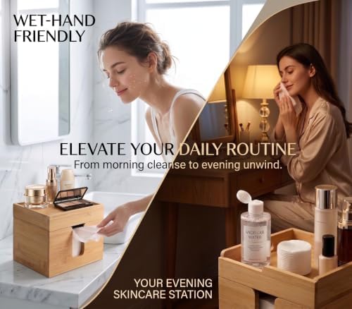 Bamboo Face Towel Holder, XL Facial Towel Organizer with Tray - Image 3