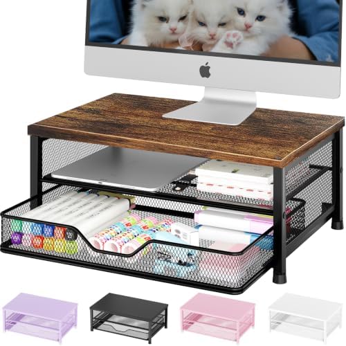 OPNICE Computer Monitor Stand Riser, Desk Organizer with Drawer, Printer & Laptop Stand, Office Desk Accessories & Workspace Desktop Organizers Storage for Office Supplies(Brown) by OPNICE