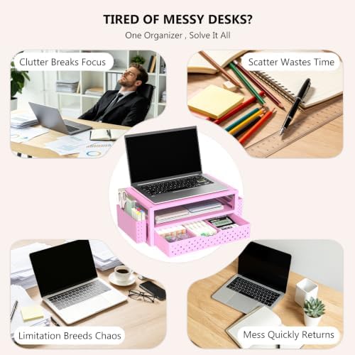 WALI Desk Organizer with Drawer and Pen Holder, 3 Tier Computer Monitor Stand for Home Office Supplies, Laptop Stand Riser for Computer, Laptop, Printer(PTT004-P), 1 Pack, Pink - Image 6