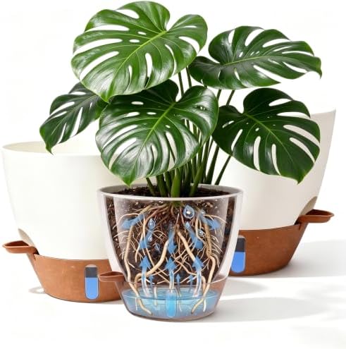 8/9/10 Inch Self Watering Pots, Plastic Flower Pots with Multi Mesh Drainage Holes and Water Level Indicator & Deep Reservoir for Indoor Outdoor Garden Plants and Flowers (White) by HRBLY-001