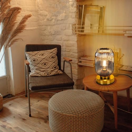 Mid Century Modern Table Lamp with Smoke Grey Ribbed Glass Shade, Touch Control & 3 Way Dimmable, Small Gold, Vintage Bedside Lamp for Bedroom, Living Room, Office (Bulb Included) - Image 4