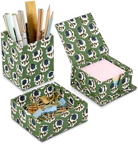 Ridhi Basil Green Block Print Office Desk Organizer Pen & Note Holder by Ridhi