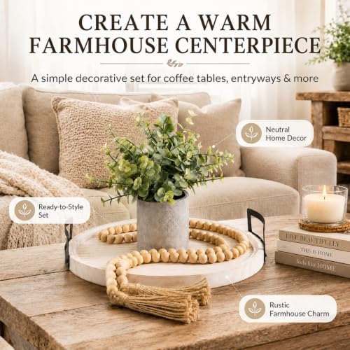 Novabright 12.6 Inch Large Round Decorative Tray with Bead Garland and Eucalyptus Potted Plants, Boho Whitewashed Farmhouse Coffee Table Centerpiece Vintage Wooden Tray for Living Room, Kitchen - Image 2