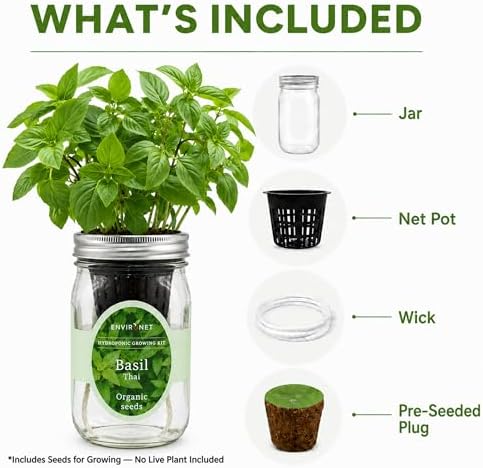 Hydroponic Herb Growing Kit, Self-Watering Mason Jar Herb Garden Starter Kit Indoor, Windowsill Herbs Garden, Grow Your Own Herbs from Organic Seeds (Thai Basil) - Image 5