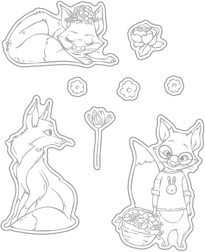 Fox Flower Basket Stamps and Cutting Dies for Card Making DIY Transparent Silicone Clear Stamp and Metal Die Cuts Sets for Scrapbooking Paper Greeting Cards Decor Seals Craft Supplies