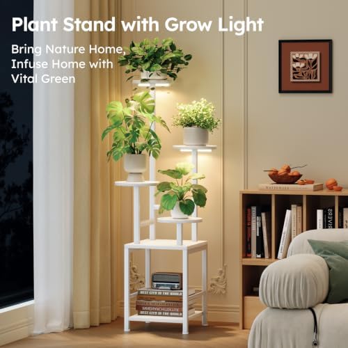 Homsorout Plant Stand Indoor with Grow Light, 5-Tiered Tall Plant Stand Indoor, Metal Plant Shelf with Adjustable Light, Ideal for Living Room, Garden, Round Patio white - Image 2