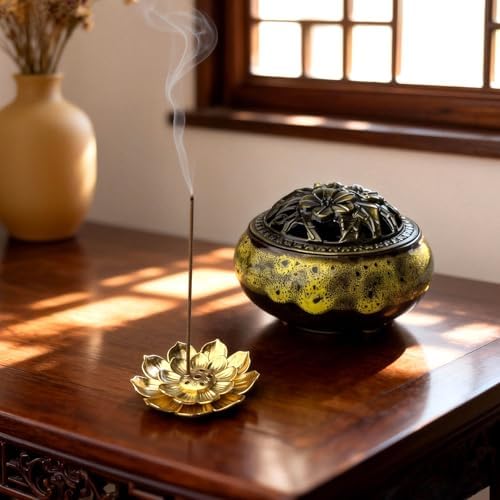 Ceramic Incense Burner, Bowl Burner,Cone Incense Burner with Brass lid for use with Stick or Cone-Shaped Incense，Lotus Incense Stick Holder Calabash Incense Stick Holder, 3pc (Fambe Yellow) - Image 3