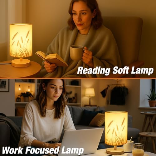 Desk Lamp LED Bulb Included, Small Bedside Table Lamp Plug-in - Classic Wood Base with Flaxen Fabric Shade, Lamps for Night Stands, Simple Nightstand Light for Bedroom, Office, Desk - Image 6