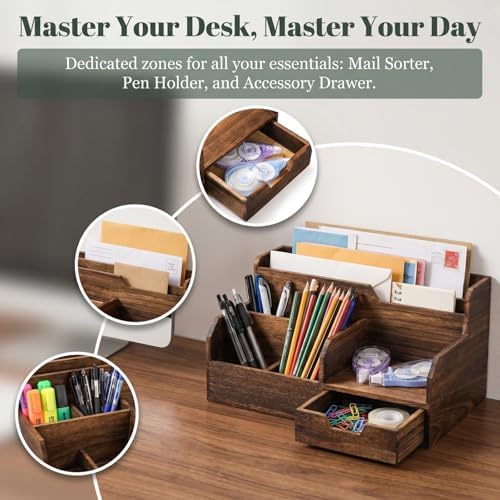 Pumtus Brown Wooden Desk Organizer, Mail Organizer with 7 Compartments and Drawer, Rustic Mail Sorter with Pen Holder, Tabletop Mail Basket, Office Accessories Holder for File Letter Document - Image 3