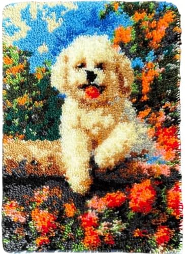 MeoobkCraft Latch Hook Kits for Adults Beginners, Pre-Printed Cute Dog Floral Latch Hook Rug Kit, DIY Garden Puppy Rug Craft Kit for Home Decor 20.47 x 14.96 in by MeoobkCraft