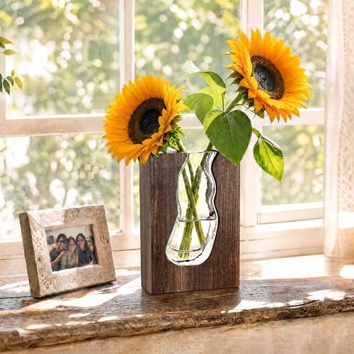 Wood and Glass Inlay Vases Farmhouse Wooden Glass Flower Vase Solid Wood Glass Vase Home Decor Vases for Centerpiece (9.44 Inches) - Image 3