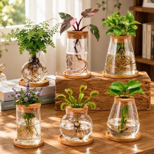 Honeydak 6 Pcs Plants Propagation Stations Planter Terrariums with Wooden Lid and Bamboo Stand Sphere Glass Propagation Vases for Plant Growing Hydroponic Home Office Tabletop Decoration - Image 6