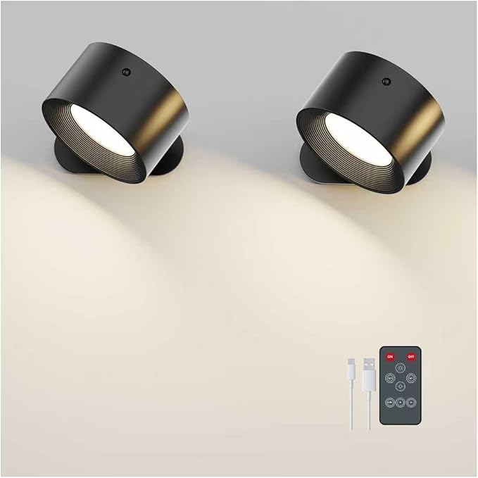 Romote LED Wall Sconce - Rechargeable Wall Light, 3 Colors & 3 Brightness Levels, 360° Magnetic Rotating Head, Bedside Reading Lamp, Easy Install Battery Operated Wall Lamp Black Pack of 2