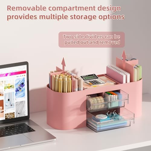 Marbrasse Desk Organizer Pen Holder for Desk with 3 Drawers, Multi-Functional Pencil Holder, Desk Organizers and Accessories with 7 Compartments for Home, School, Classroom(Pink) - Image 2