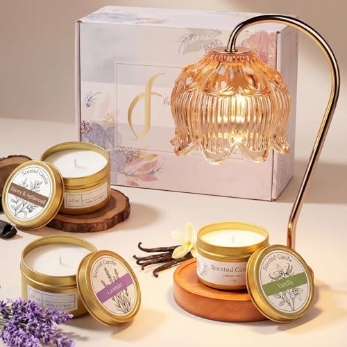 Flower Candle Warmer Lamp with Timer for Jar Candles, Dimmable Candle Lamp Warmer Gift Set with 3 Scented Candles Lavender Vanilla Oud, Christmas Birthday Gifts for Women Mom Wife Her - Amber by Funistree