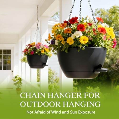 12 Inch Hanging Baskets 2 PC with Chains, Self-Watering Hanging Planters for Indoor Outdoor Plants, Plastic Hanging Flower Pots,Black - Image 5