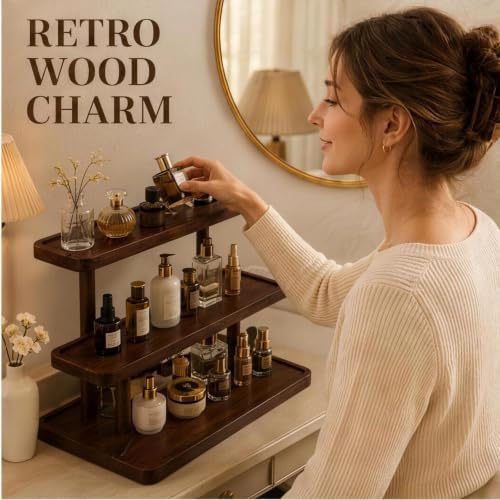3-Tier Wooden Makeup Organizer, Perfume Stand Organizer with Raised Edge Tray, Multi Layer Wooden Display Storage Stand for Vanity Table Home Decor - Image 4