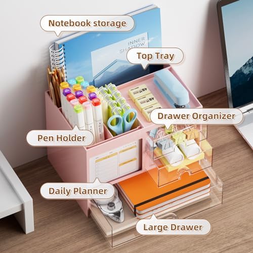 Marbrasse Desk Organizer with 3 Drawer, Multi-Functional Pencil Pen Holder for Desk, Desk Organizers and Accessories with 4 Compartments, Desktop Organizer Storage for Office Home Art Supplies (Pink) - Image 2