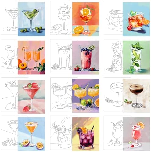 Affrolling 12 Pcs Pre Drawn Canvas for Painting for Adults 8 x 8 Inch Canvas Painting Kits Stretched with Drawing Ready to Paint Beginner Artists Date Night Party Supplies(Cocktail) by Affrolling