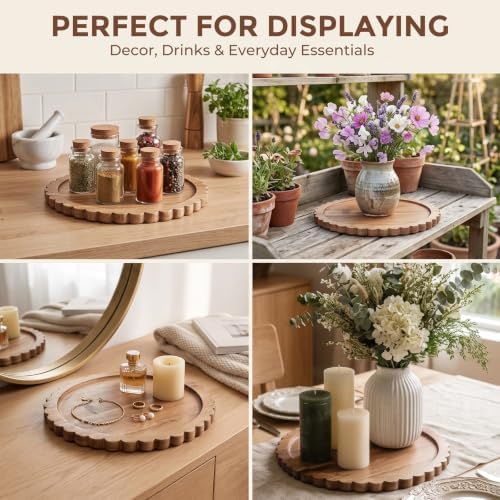 Solid Acacia Wood Decorative Tray, 12 Inch Round Scalloped Wood Tray Wooden Coffee Table Tray - Image 6