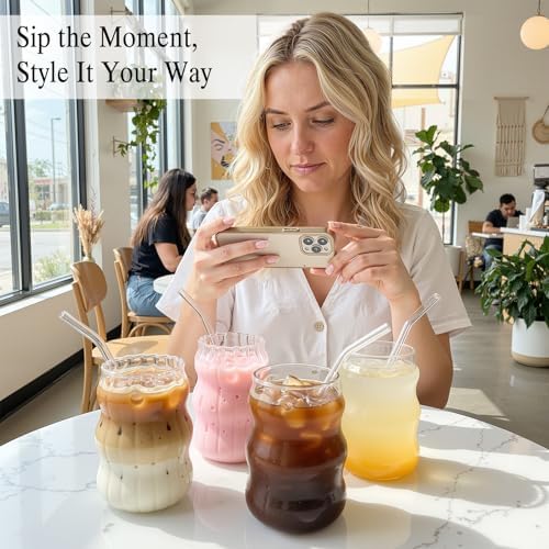8 Pcs Ribbed Glass Cups 18 oz Vintage Aesthetic Iced Coffee Glasses with Glass Straws Bubble Cup Wavy Textured Drinking Glassware for Beverage Tea Juice Cocktails - Image 4