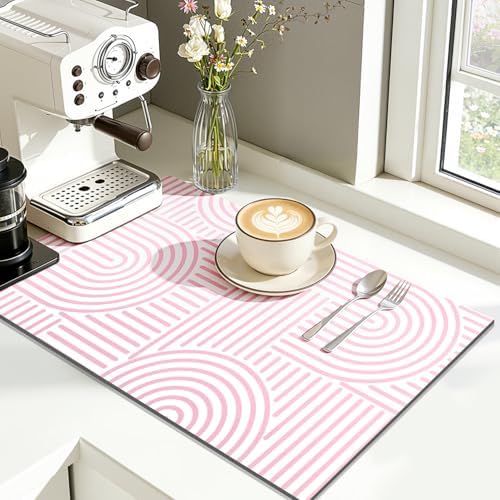 Findosom Geometric Dish Drying Mat, 12" x 20" Absorbent Coffee Mat, Pink by Findosom